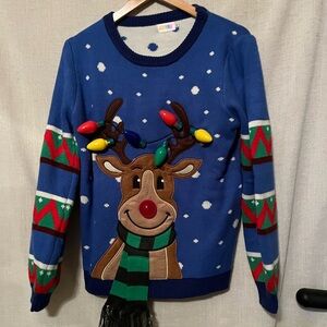 Festive Blue Reindeer Sweater Size L